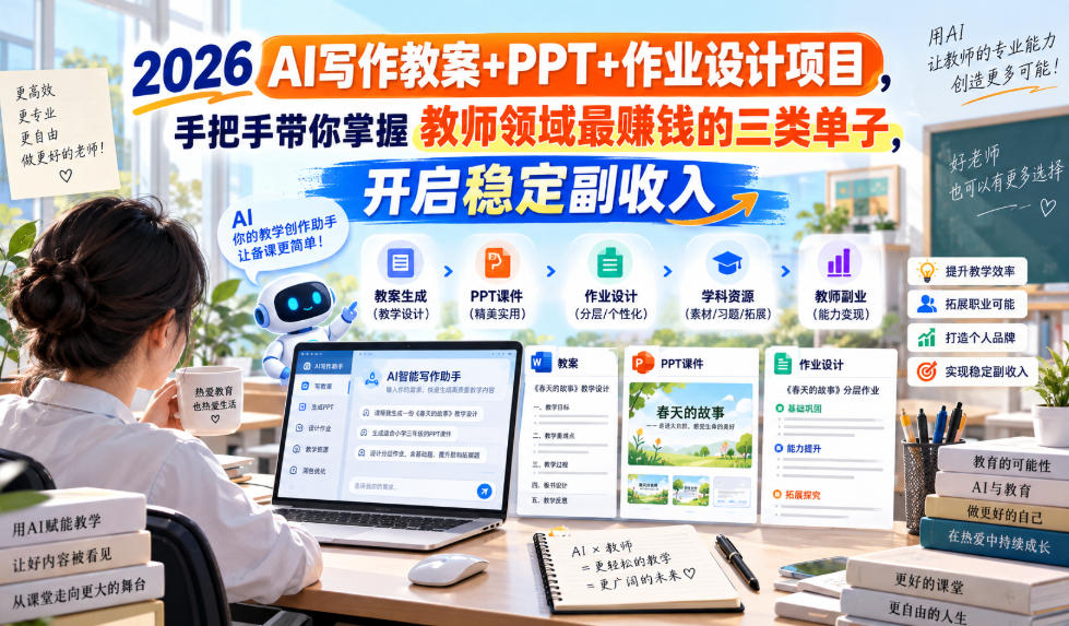2026 AI写作教案+PPT+作业设计项目,手把手带你掌握教师领域最賺钱的三类单子,开启稳定副收入-橙心云网创