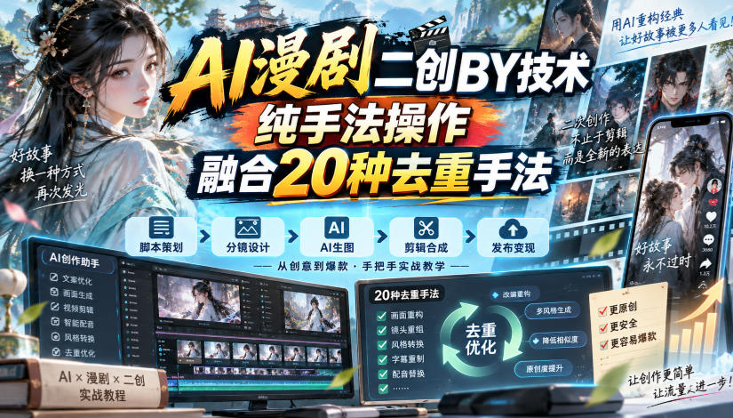 AI漫剧二创搬运技术，纯手法操作，融合20种去重手法-橙心云网创