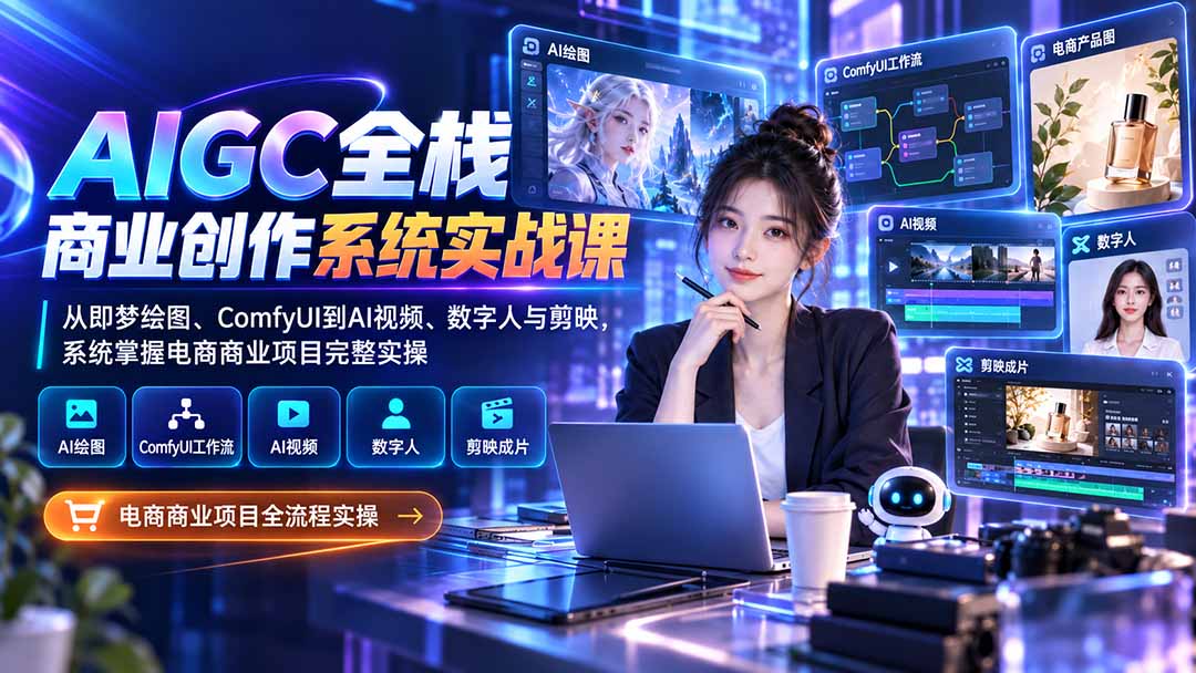 AIGC全栈商业创作系统实战课-无水印:从即梦绘图、ComfyUI到AI视频、数字人与剪映,系统掌握电商商业项目完整实操-橙心云网创