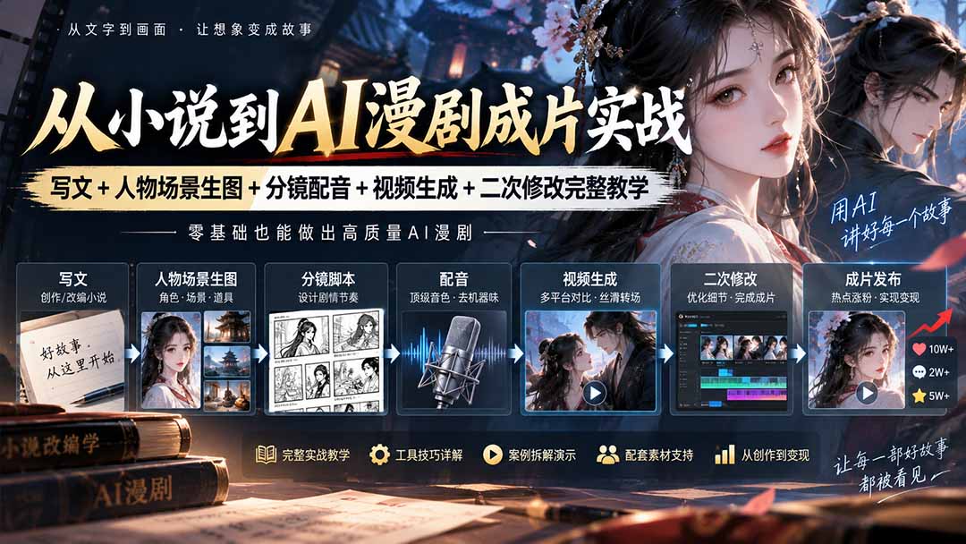 从小说到AI漫剧成片实战：写文+人物场景生图+分镜配音+视频生成+二次修改完整教学-橙心云网创