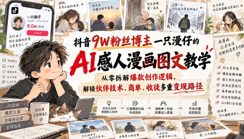 抖音9W粉丝博主一只漫仔的AI感人漫画图文教学，从零拆解爆款创作逻辑，解锁伙伴技术、商单、收徒多重变现路径-橙心云网创