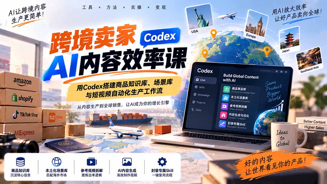 跨境卖家AI内容效率课：用Codex搭建商品知识库、场景库与短视频自动化生产工作流-橙心云网创