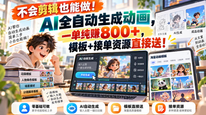 不会剪辑也能做!AI全自动生成动画,一单纯賺800+,模板+接单资源直接送!【揭秘】-橙心云网创