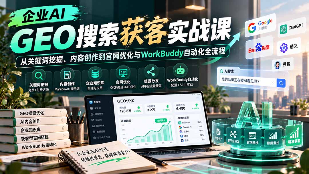 企业AI GEO搜索获客实战课:从关键词挖掘、内容创作到官网优化与WorkBuddy自动化全流程-橙心云网创