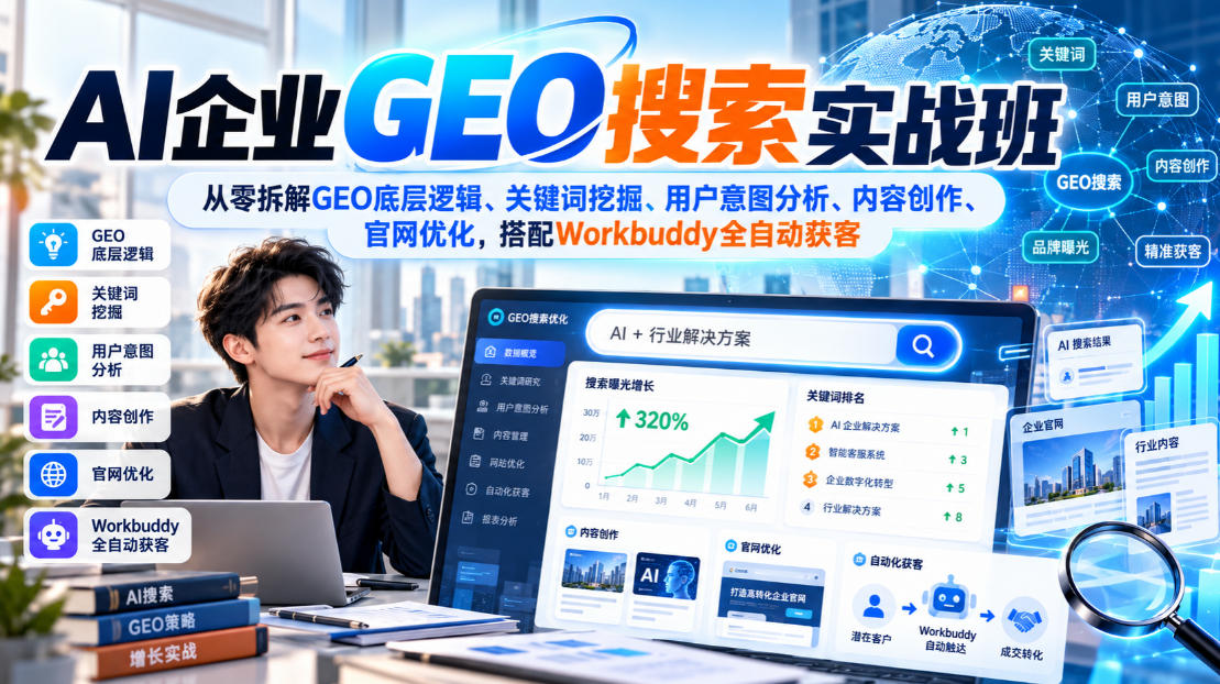 AI企业GEO搜索实战班，从零拆解GEO底层逻辑、关键词挖掘、用户意图分析、内容创作、官网优化，搭配Workbuddy全自动获客-橙心云网创