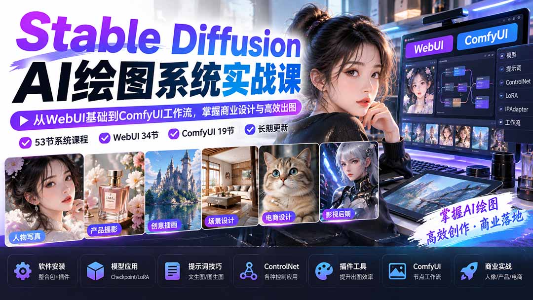 【无水印】Stable Diffusion AI绘图系统实战课:从WebUI基础到ComfyUI工作流,掌握商业设计与高效出图-橙心云网创