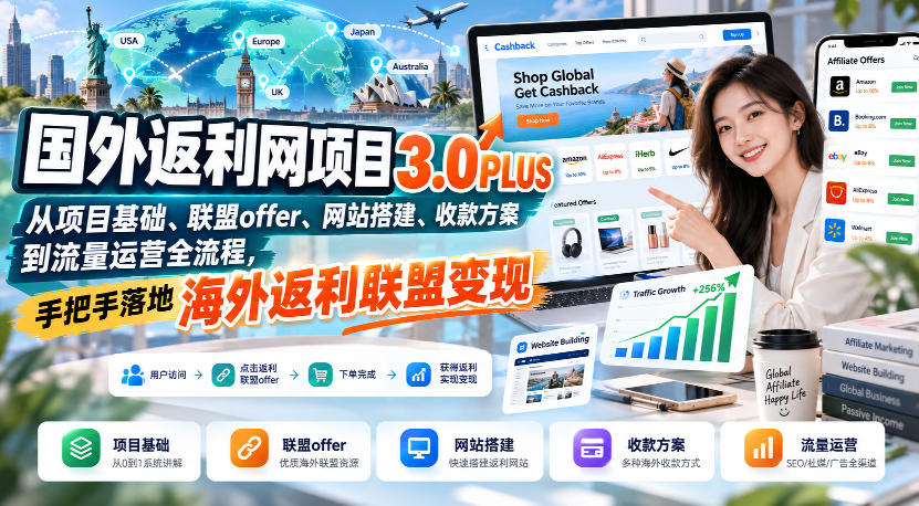 国外返利网项目3.0PLUS，从项目基础、联盟offer、网站搭建、收款方案到流量运营全流程，手把手落地海外返利联盟变现-橙心云网创