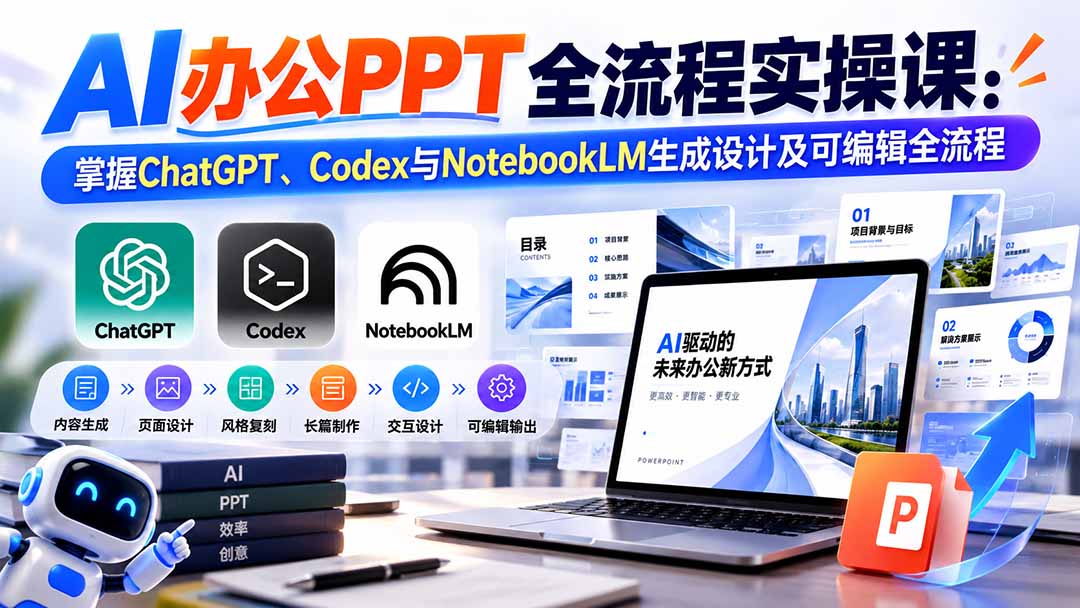 【无水印】AI办公PPT全流程实操课: 掌握ChatGPT、Codex与NotebookLM生成设计及可编辑全流程-橙心云网创