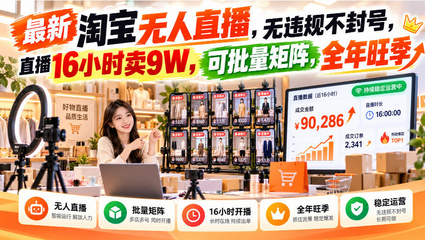 最新淘宝无人直播,无违规不封号,直播16小时卖9W,可批量矩阵,全年旺季【揭秘】-橙心云网创