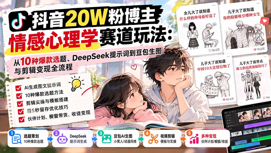抖音20W粉博主-情感心理学赛道玩法:从10种爆款选题、DeepSeek提示词到豆包生图与剪辑变现全流程-橙心云网创