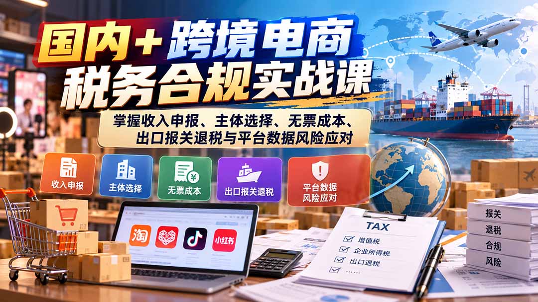 国内+跨境电商税务合规实战课:掌握收入申报、主体选择、无票成本、出口报关退税与平台数据风险应对-橙心云网创
