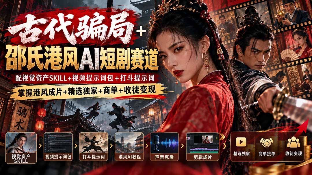 古代骗局+邵氏港风AI短剧赛道：配视觉资产SKILL+视频提示词包+打斗提示词，掌握港风成片+精选独家+商单+收徒变现-橙心云网创