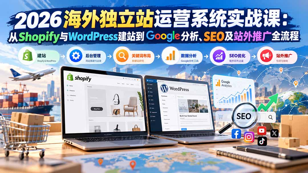 2026海外独立站运营系统实战课:从Shopify与WordPress建站到Google分析、SEO及站外推广全流程-橙心云网创