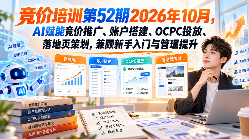 【无水印】竞价培训第52期2026年10月,AI赋能竞价推广、账户搭建、OCPC投放、落地页策划,兼顾新手入门与管理提升-橙心云网创