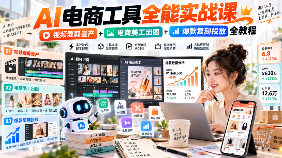AI电商工具全能实战教学，视频混剪量产+电商美工出图+爆款复刻投放全教程​-橙心云网创