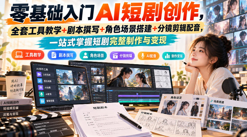 零基础入门AI短剧创作,全套工具教学+剧本撰写+角色场景搭建+分镜剪辑配音,一站式掌握短剧完整制作与变现-橙心云网创