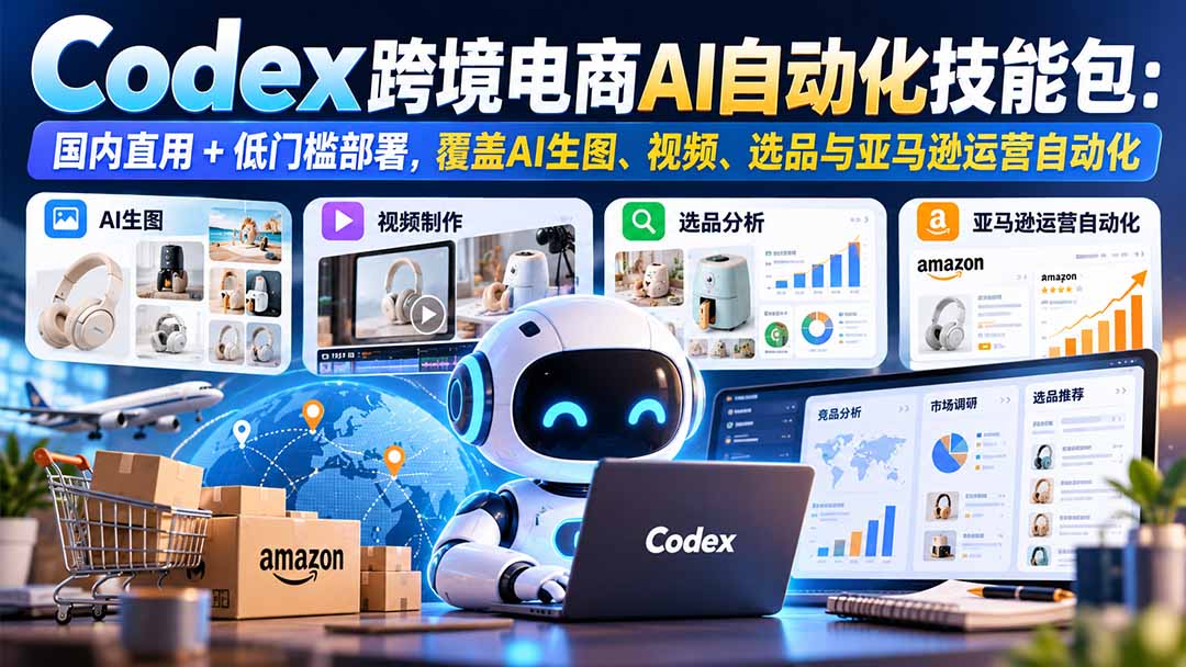 【无水印】Codex跨境电商AI自动化技能包：国内直用+低门槛部署，覆盖AI生图、视频、选品与亚马逊运营自动化-橙心云网创