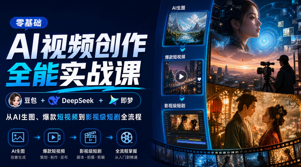 零基础AI视频创作全能实战课|豆包+DeepSeek+即梦,从AI生图、爆款短视频到影视级短剧全流程-橙心云网创