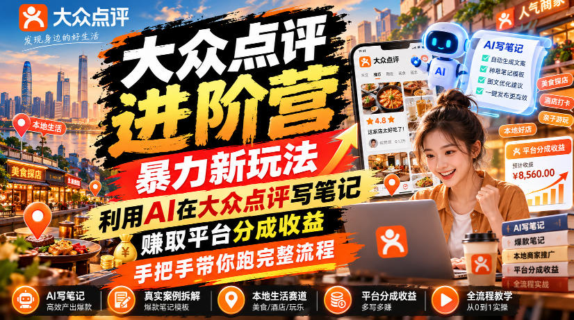 大众点评进阶营，暴力新玩法，利用AI在大众点评写笔记， 賺取平台分成收益，手把手带你跑完整流程-橙心云网创