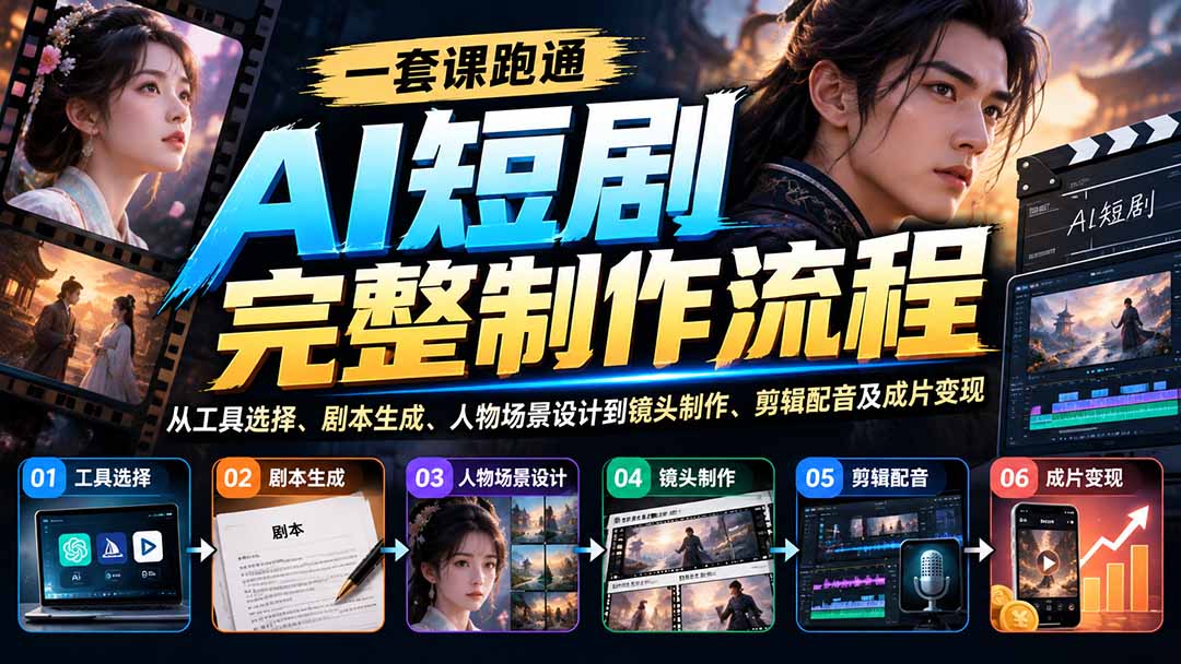 一套课跑通AI短剧完整制作流程：从工具选择、剧本生成、人物场景设计到镜头制作、剪辑配音及成片变现-橙心云网创