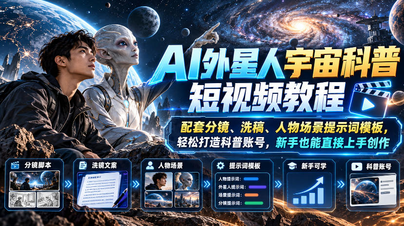 AI外星人宇宙科普短视频教程，配套分镜、洗稿、人物场景提示词模板，轻松打造科普账号，新手也能直接上手创作-橙心云网创
