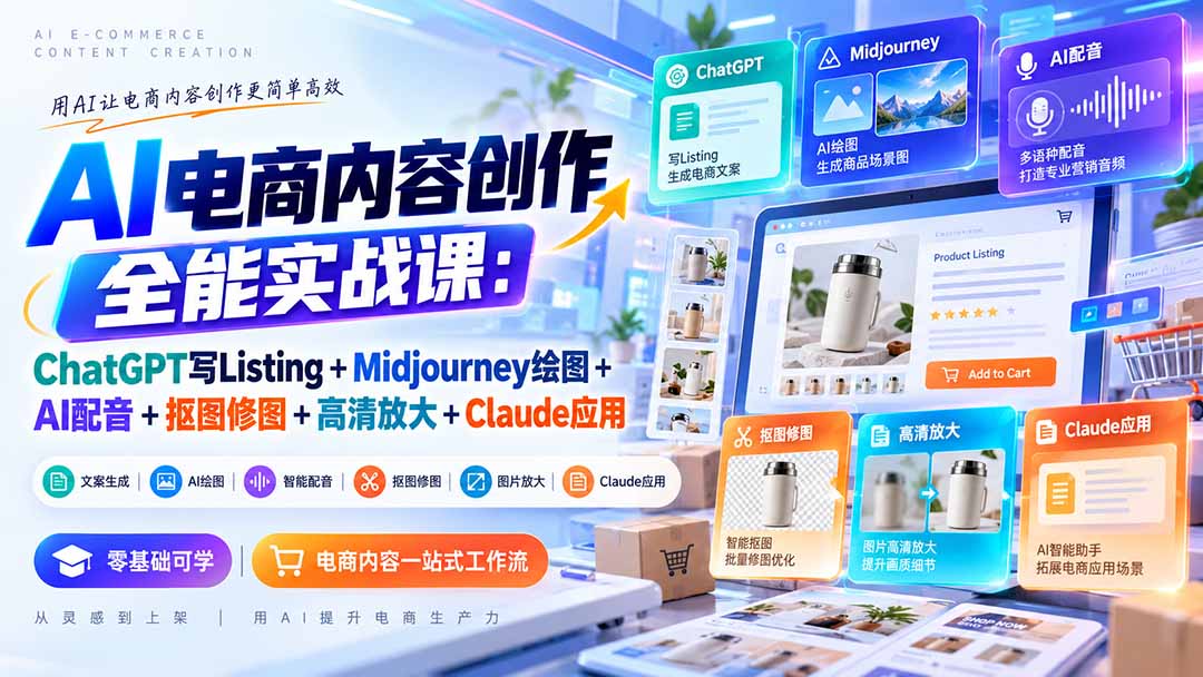 【无水印】AI电商内容创作全能实战课:ChatGPT写Listing+Midjourney绘图+AI配音+抠图修图+高清放大+Claude应用-橙心云网创