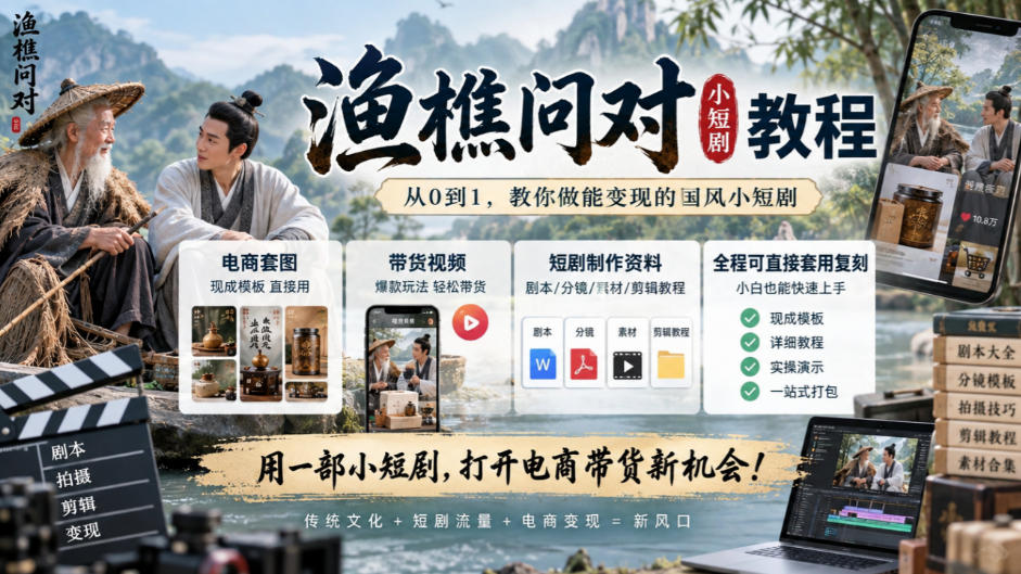 渔樵问对小短剧教程，包含电商套图、带货视频，短剧制作资料，全程可直接套用复刻-橙心云网创