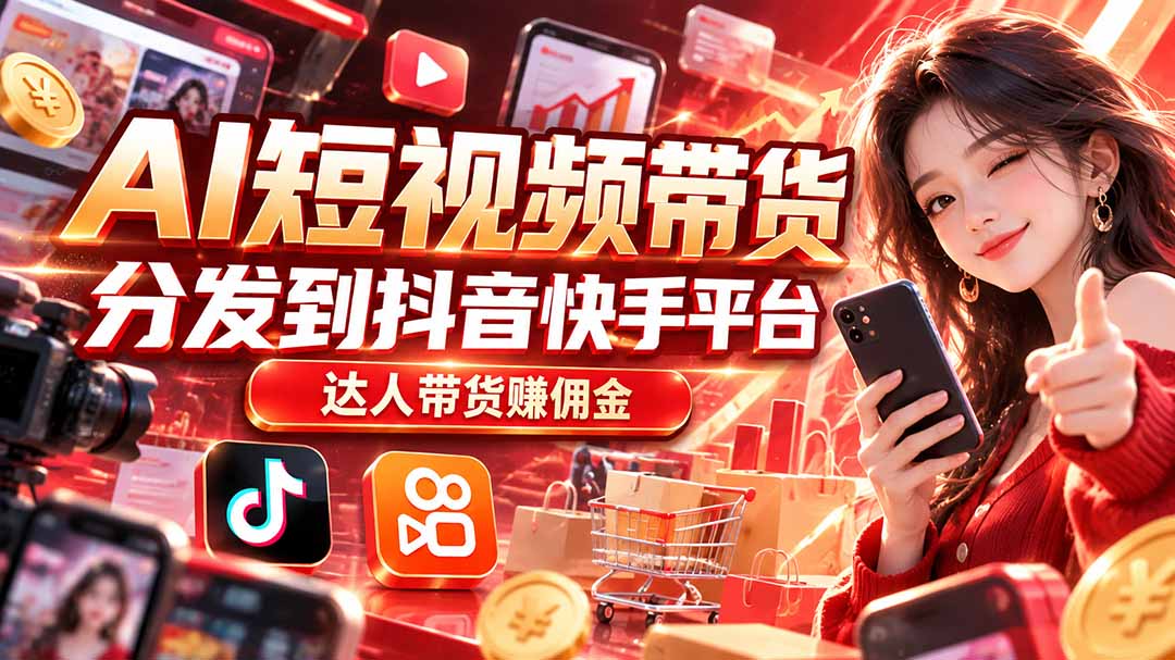 【AI短视频带货】分发到抖音快手平台，达人带货赚佣金-橙心云网创