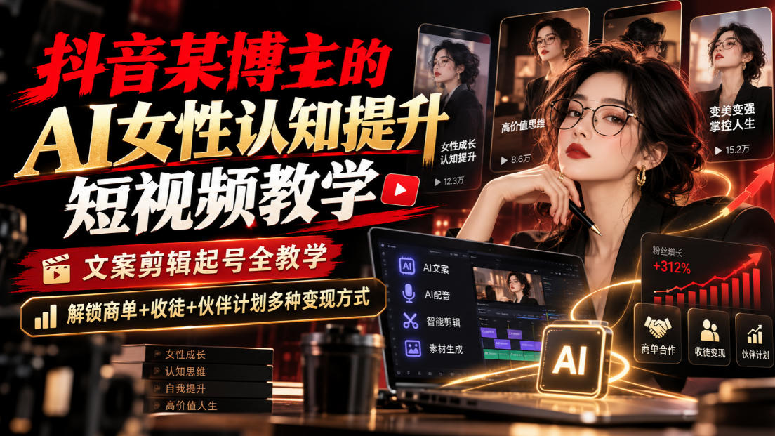 抖音某博主的Ai女性认知提升短视频教学，文案剪辑起号全教学，解锁商单+收徒+伙伴计划多种变现方式-橙心云网创