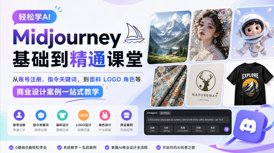 轻松学AI Midjourney基础到精通课堂，从账号注册、指令关键词，到面料LOGO角色等商业设计案例一站式教学-橙心云网创