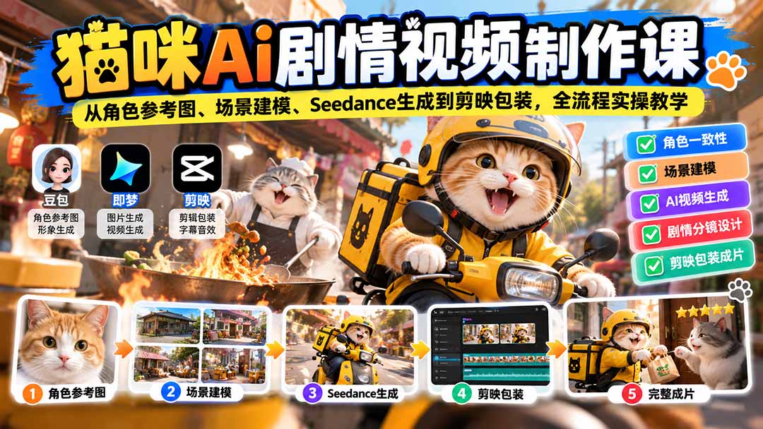 猫咪AI剧情视频制作课:从角色参考图、场景建模、Seedance生成到剪映包装,全流程实操教学-橙心云网创