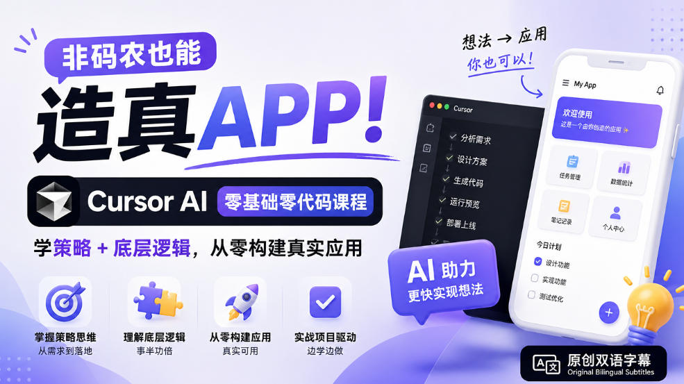非码农也能造真APP!Cursor AI零基础零代码课程:学策略+底层逻辑,从零构建真实应用【原创双语字幕】-橙心云网创