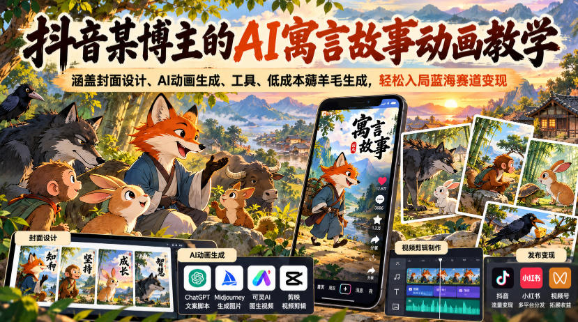 抖音某博主的AI寓言故事动画教学,涵盖封面设计、AI动画生成、工具、低成本薅羊毛生成,轻松入局蓝海赛道变现-橙心云网创
