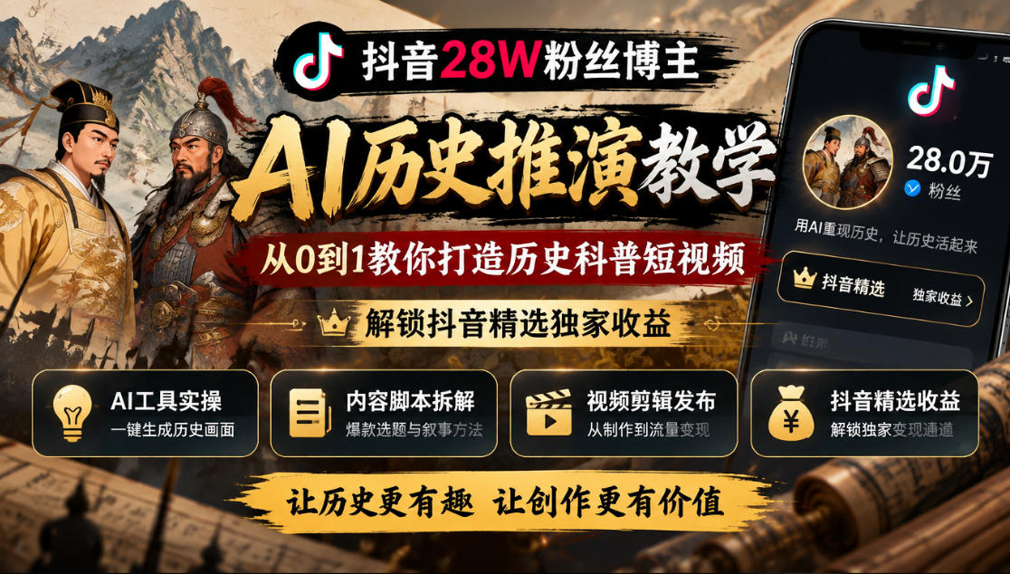 抖音28W粉丝博主的AI历史推演教学，从0到1教你打造历史科普短视频，解锁抖音精选独家收益-橙心云网创