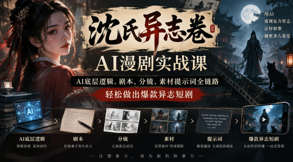 沈氏异志卷AI漫剧实战课｜AI底层逻辑、剧本、分镜、素材提示词全链路，轻松做出爆款异志短剧-橙心云网创