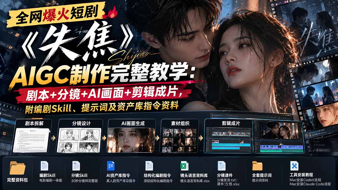 全网爆火短剧《失焦》AIGC制作完整教学:剧本+分镜+AI画面+剪辑成片,附编剧Skill、提示词及资产库指令资料-橙心云网创
