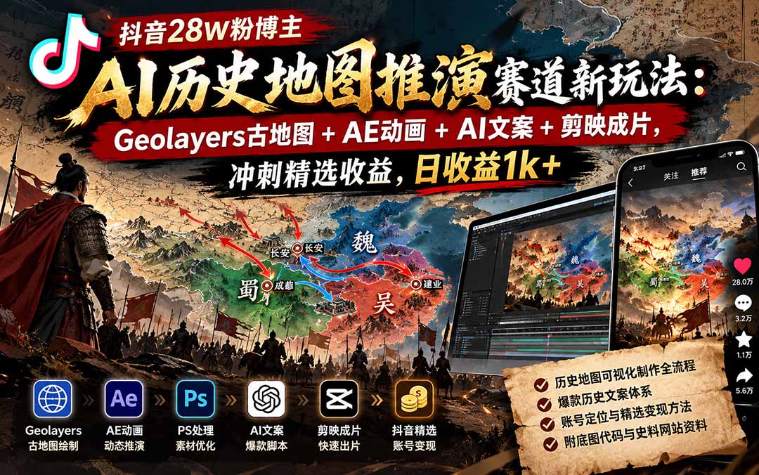 抖音28W粉博主AI历史地图推演赛道新玩法:Geolayers古地图+AE动画+AI文案+剪映成片,冲刺精选收益,日收益1k+-橙心云网创
