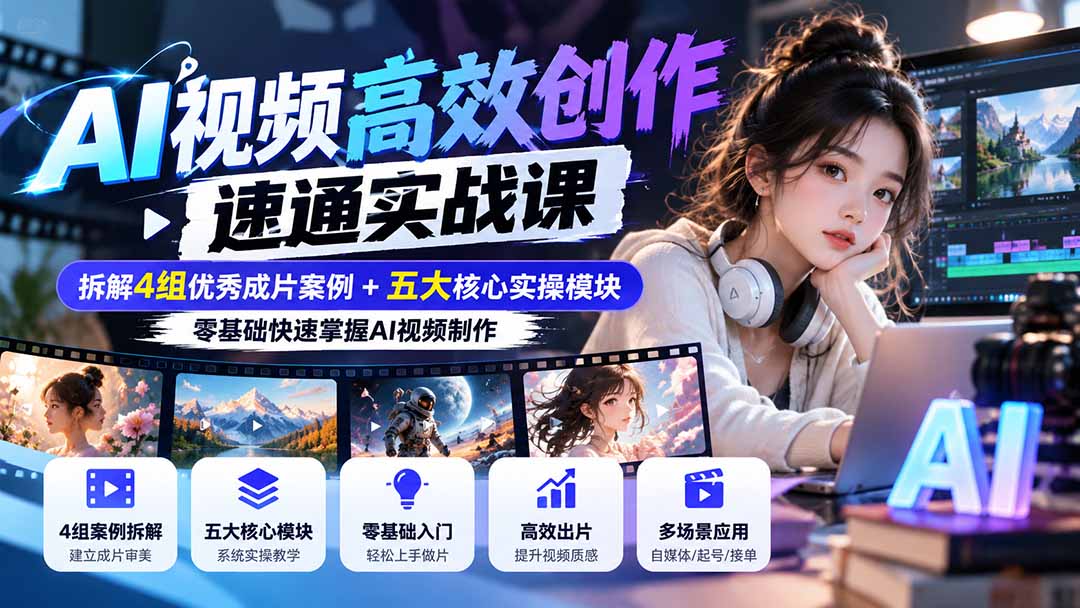 【无水印】AI视频高效创作速通实战课:拆解4组优秀成片案例+五大核心实操模块,零基础快速掌握AI视频制作-橙心云网创