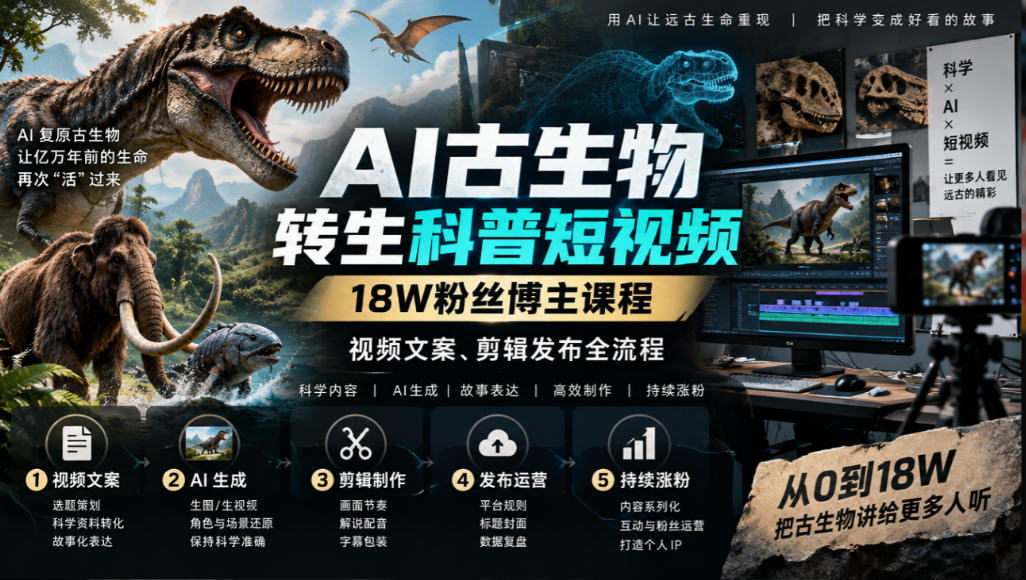 AI古生物转生科普短视频,18W粉丝博主课程,视频文案、剪辑发布全流程-橙心云网创