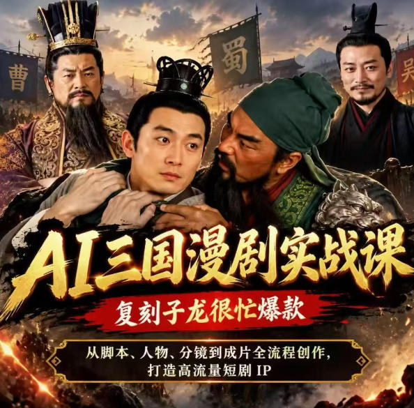 抖音14W粉博主同款AI三国漫剧实战课,复刻子龙很忙爆款,从脚本、人物、分镜到成片全流程创作,打造高流量短剧IP-橙心云网创