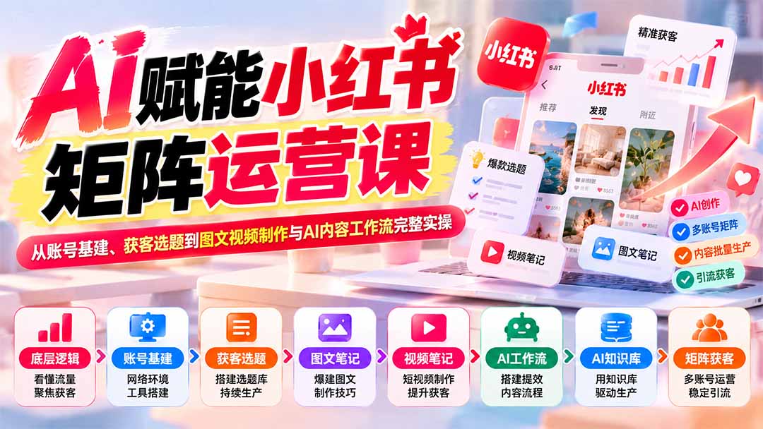 AI赋能小红书矩阵运营课:从账号基建、获客选题到图文视频制作与AI内容工作流完整实操-橙心云网创