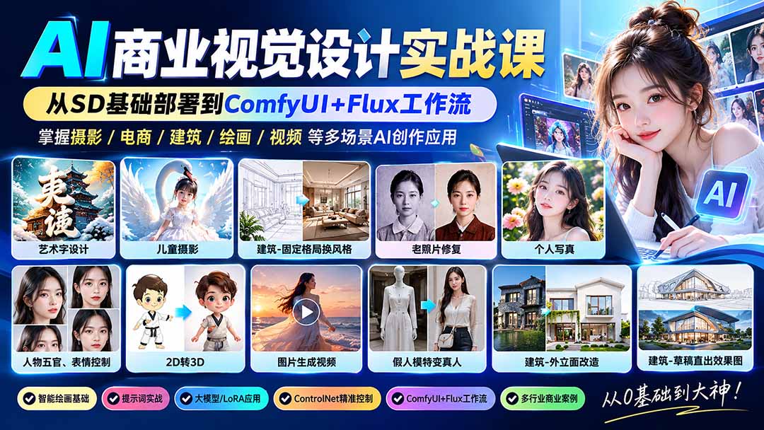 【无水印】AI商业视觉设计实战课:从SD基础部署到ComfyUI+Flux工作流,掌握摄影电商建筑AI创作-橙心云网创