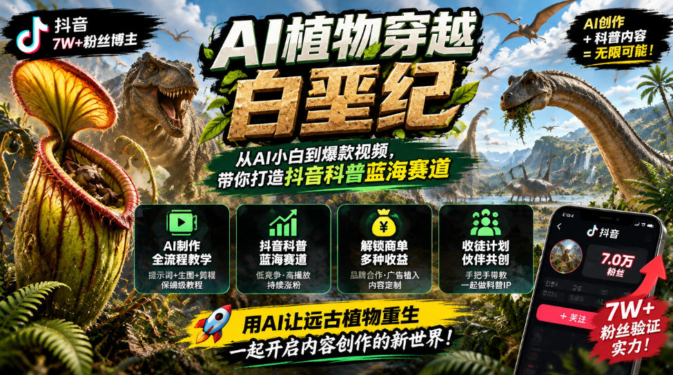 抖音7W粉丝博主的AI植物穿越白垩纪教学,抖音科普蓝海赛道,解锁商单收徒伙伴计划等多种收益-橙心云网创