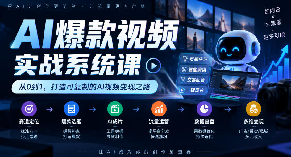 AI爆款视频实战系统课|赛道定位、爆款选题、AI成片、流量运营、数据复盘、多维变现全链路教学-橙心云网创