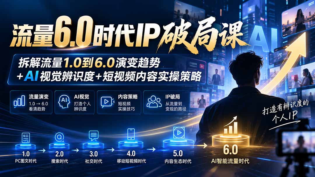 流量6.0时代IP破局课:拆解流量1.0到6.0演变趋势+AI视觉辨识度+短视频内容实操策略-橙心云网创