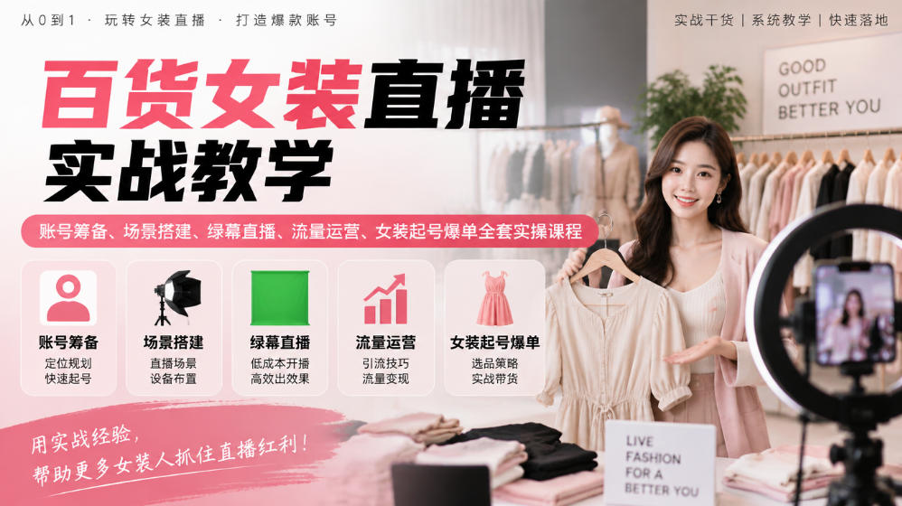 百货女装直播实战教学|账号筹备、场景搭建、绿幕直播、流量运营、女装起号爆单全套实操课程-橙心云网创