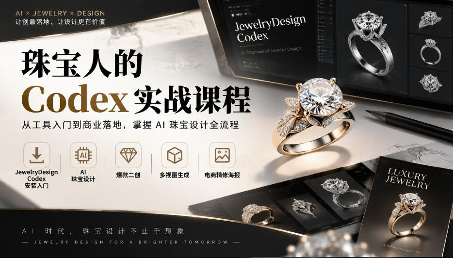珠宝人的Codex实战课程|JewelryDesign Codex安装入门、AI珠宝设计、爆款二创、多视图生成、电商精修海报全链路教学-橙心云网创