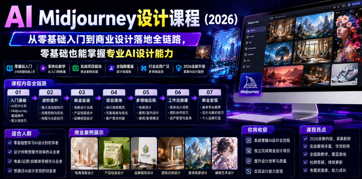 AI Midjourney设计课程(2026),从零基础入门到商业设计落地全链路,零基础也能掌握专业AI设计能力(更新1007)-橙心云网创