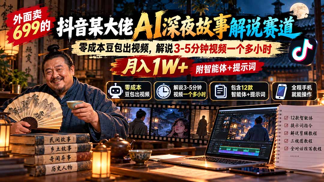 外面卖699抖音某大佬AI深夜故事解说赛道-更新:0成本豆包出视频+解说3-5分钟视频一个多小时,月入1W+附智能体+提示词-橙心云网创