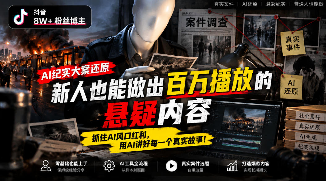 抖音8W粉丝博主的AI纪实大案还原教学，新人也能做出百W播放的悬疑内容，抓住AI风口红利，用AI讲好每一个真实故事-橙心云网创
